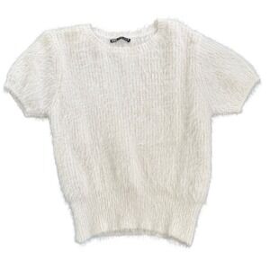 ZARA‎ Fuzzy Knit Puff Sleeve Sweater Top Cream White Size L